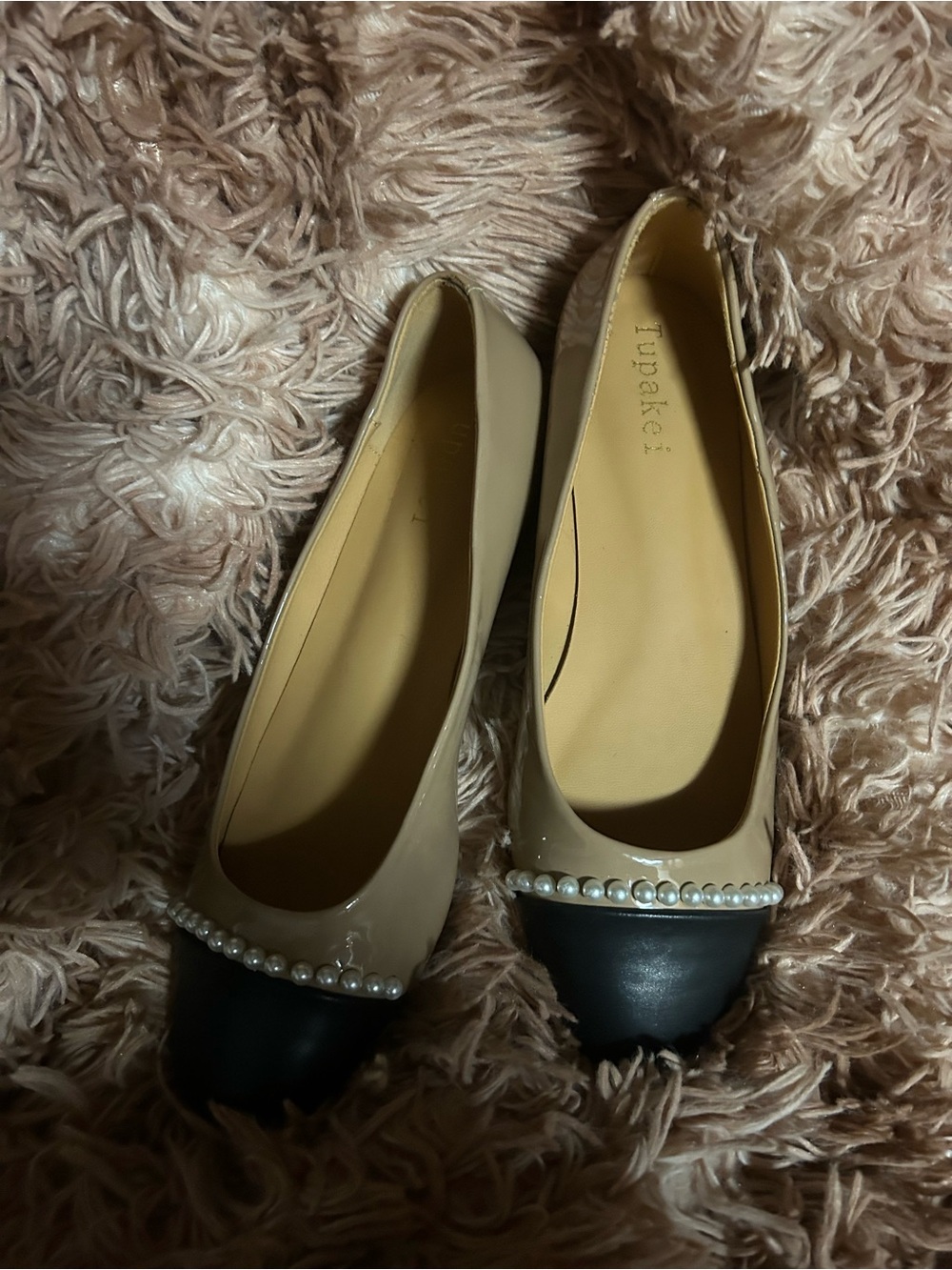 Beige and Black Pearl-Trim Ballet Flats